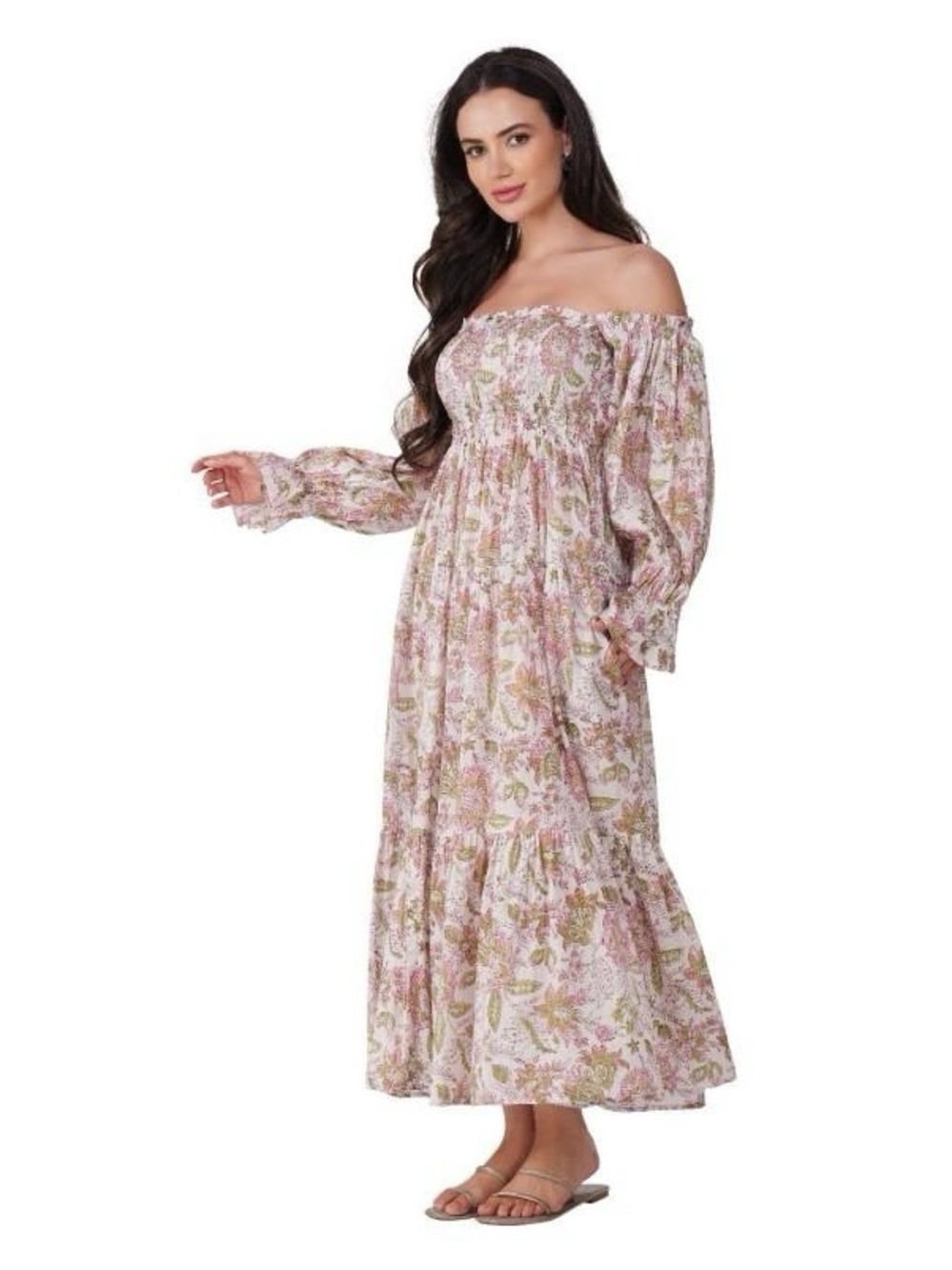 Off-Shoulder Purple Mohar Fragrant Love Dress Floral Maxi Dress in Blush Pink